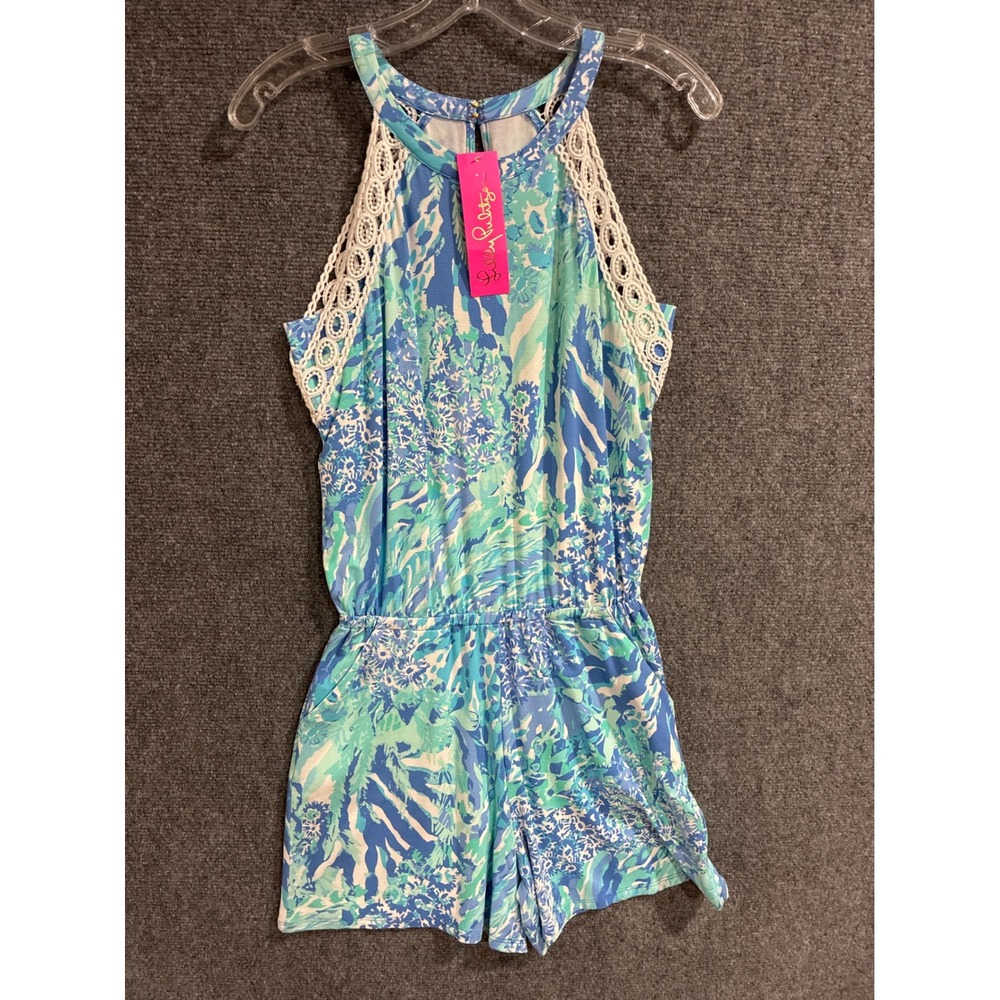 Lilly Pulitzer Lala Romper Hey Hey Soleil Blue Haven Crochet Lace XS NWT